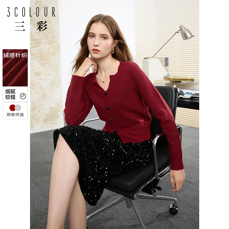 三彩2024秋季新款miu系蝴蝶结针织衫V领短款毛衣套头衫小个子M