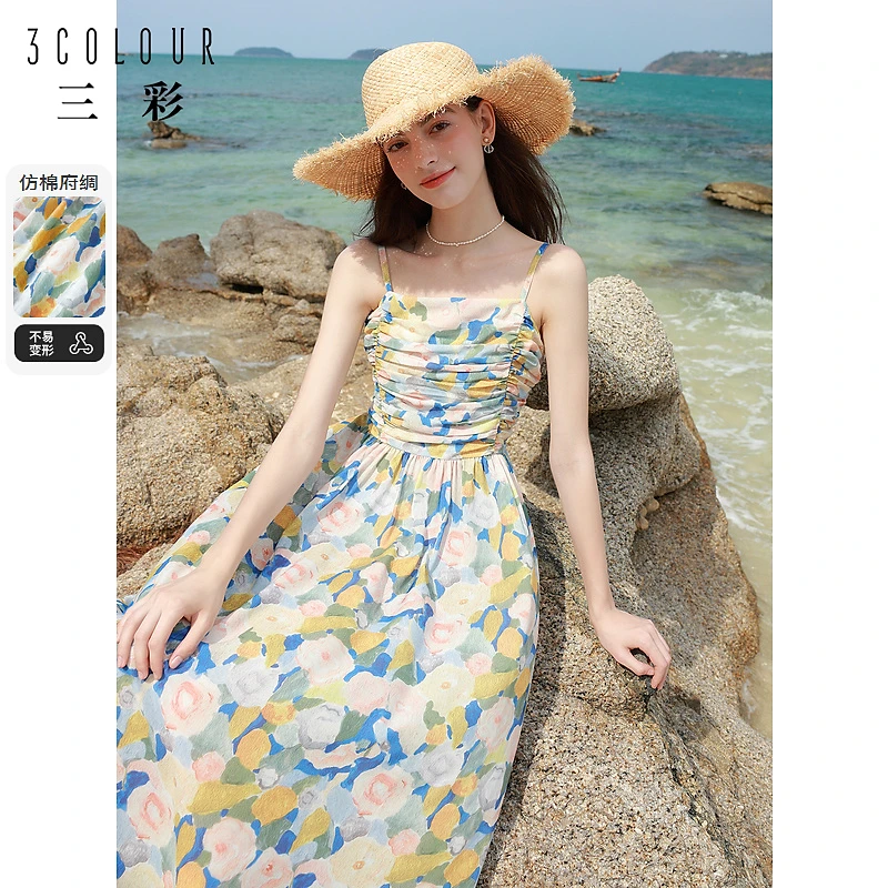 三彩女装2024夏款莫奈花园吊带裙油画感连衣裙收腰A字裙长裙度假M