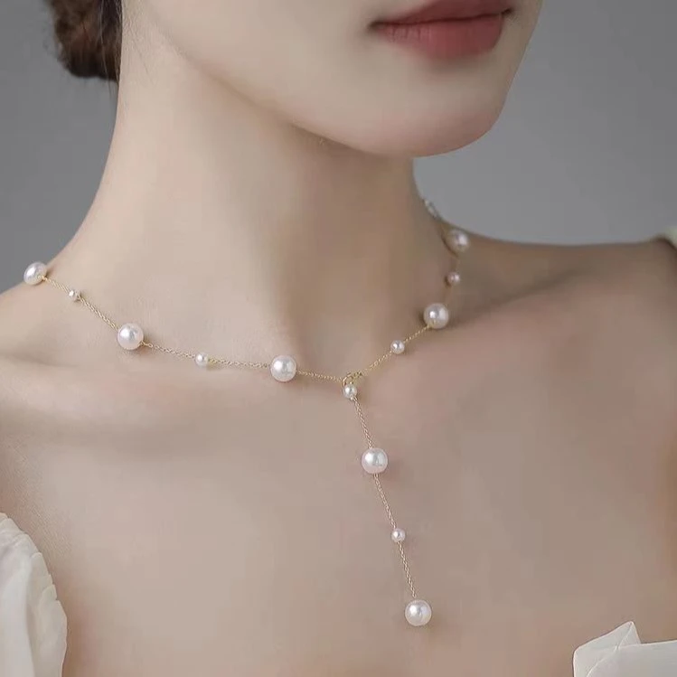 铜仿珍珠项链 满天星珍珠项链简约时尚高级感颈链优雅流苏锁骨链