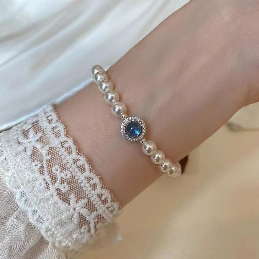 925银仿珍珠手链 高级感爆款轻奢蓝色纯银气质手链时尚设计感手串