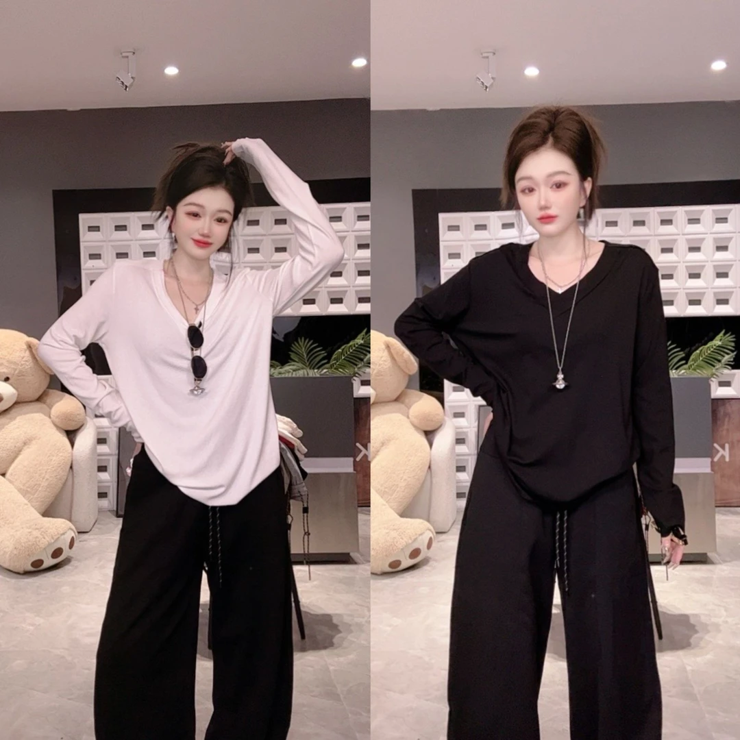 西西【纸片人】V领黑色T恤女宽松显瘦洋气低领长袖大领口打底上衣