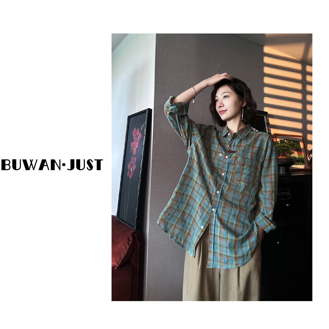 BUWANJUST【复古衬衫】春夏新品复古腔调气质设计感格子衬衫T288
