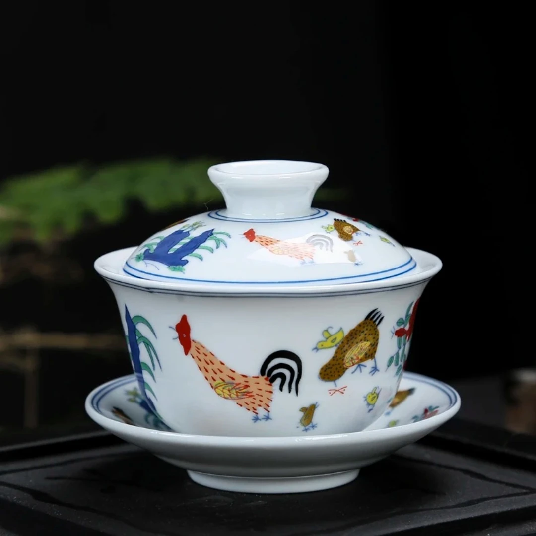 景德镇手工手作青花斗彩陶瓷鸡缸盖碗茶具