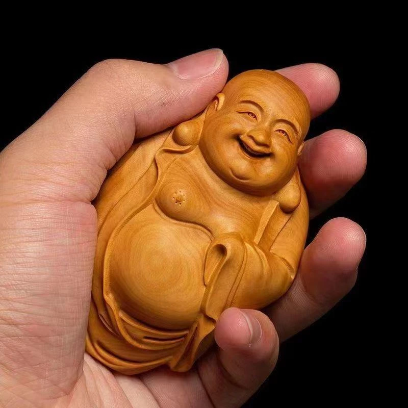 手把件木雕笑脸弥勒佛实木把玩物件男士随身盘玩工艺礼品摆饰吊坠