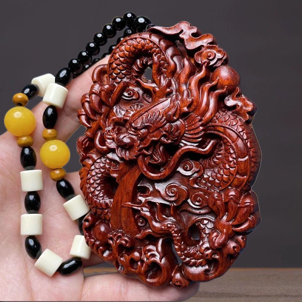小叶紫檀木双面镂空雕刻龙吊坠财财龙牌手把件男士本命年挂件礼物