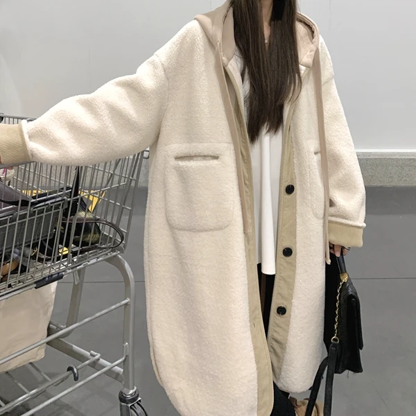 米白色羊羔毛外套女冬2024新款中长款高级感皮毛一体加厚连帽棉服