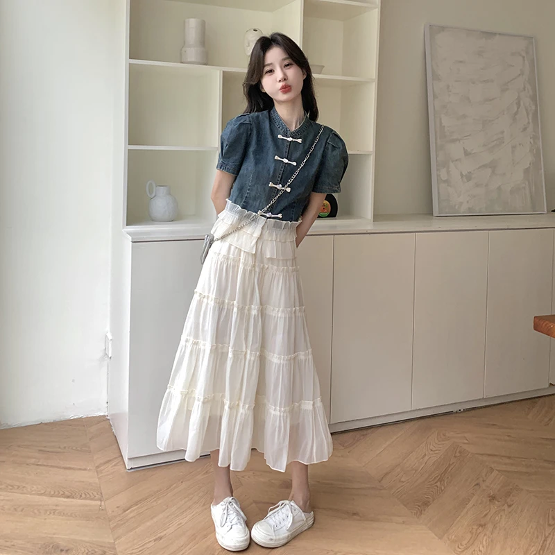 新中式国风洋气漂亮短袖牛仔衬衫套装女2025夏季新款半身裙两件套