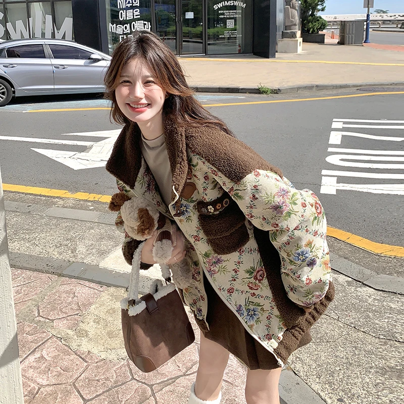 羊羔毛外套女2024冬季新款韩系慵懒高级感超好看印花拼接棉衣棉服