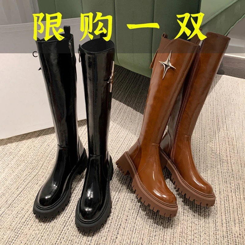 夏小天夏小天沿荐真皮长筒靴女2023秋冬新款厚底小个子高筒靴百搭