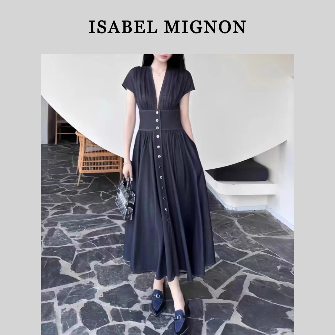 【娇娇】设计款深V领单排扣连衣裙L988