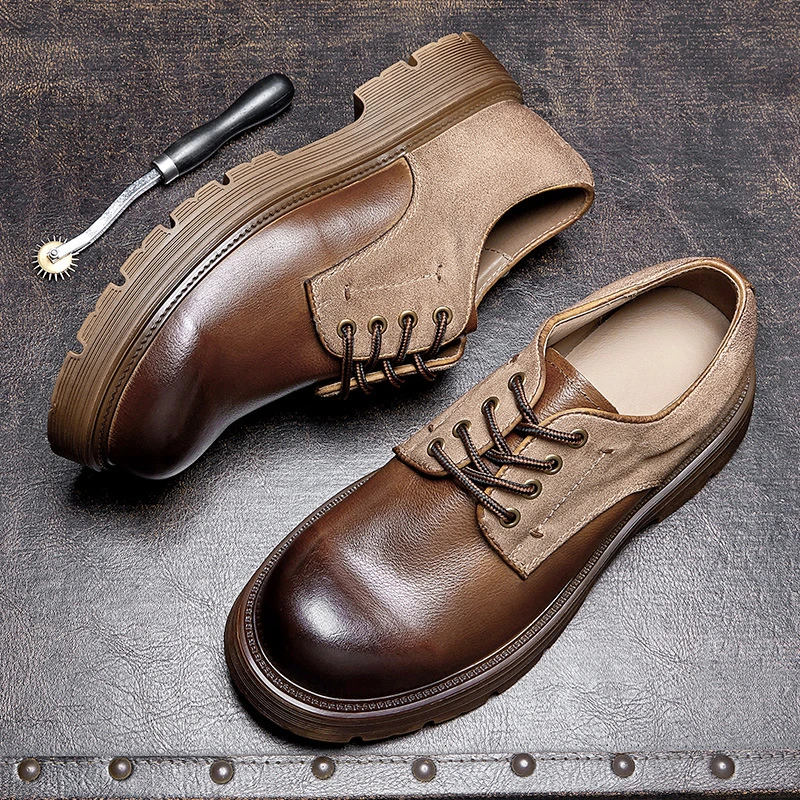 手工新款男鞋韩版休闲皮鞋拼接英伦时尚单鞋透气耐磨圆头复古男士