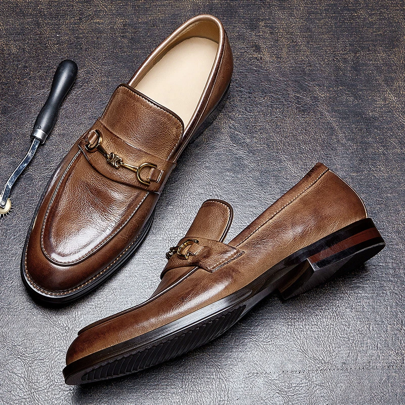 秋季新款棕色真皮商务英伦高档头层牛皮高级感一脚蹬休闲皮鞋男款