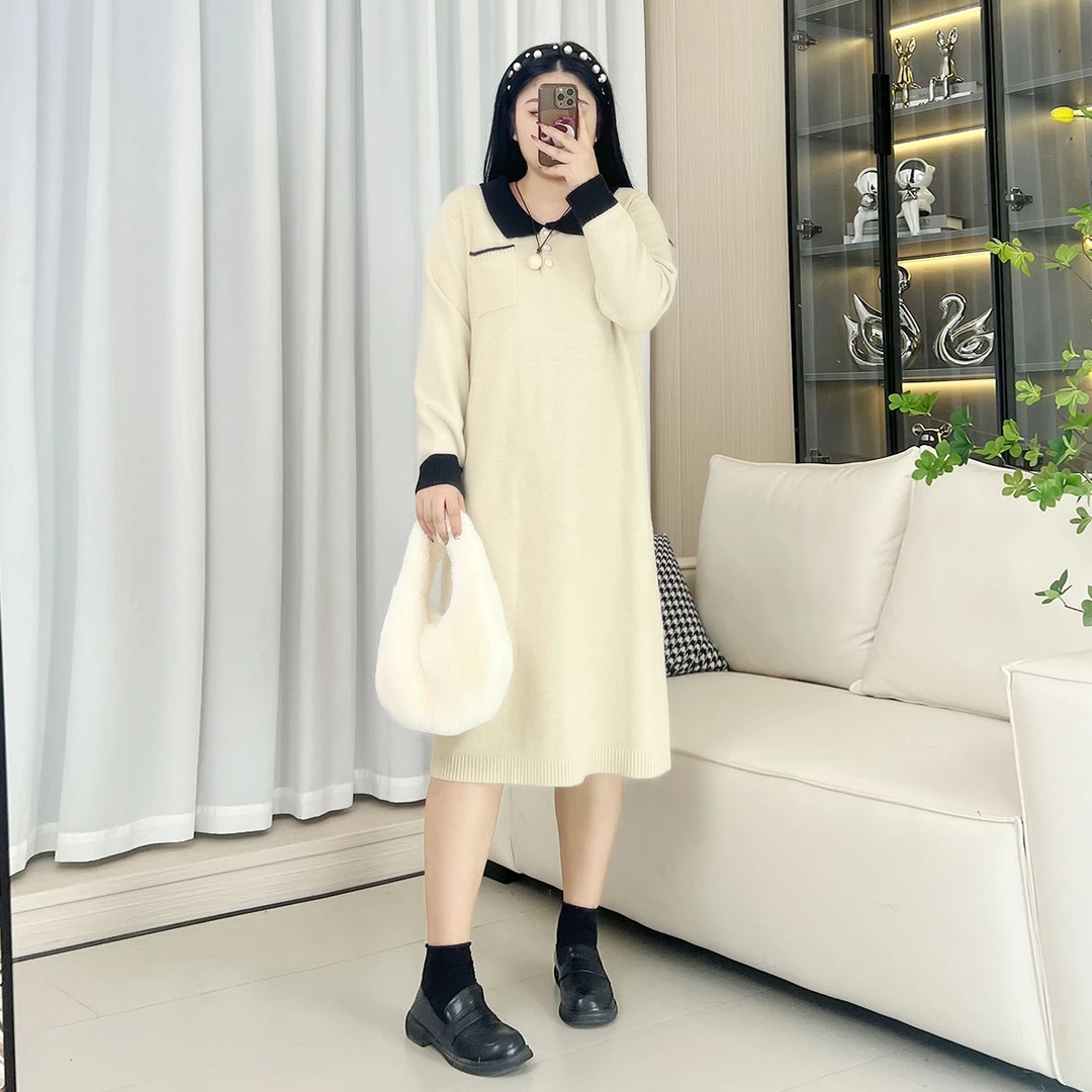 【万万推荐】大码微胖洋气女装冬季款小香风POLO领遮肚子显瘦连衣裙