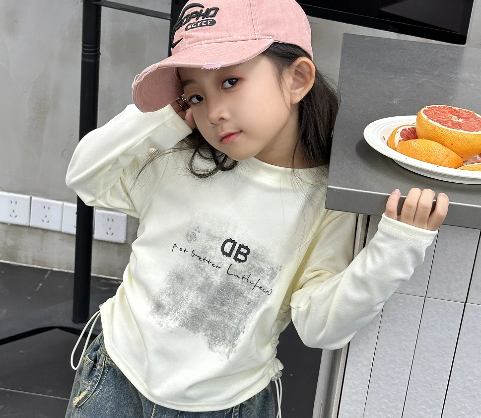 （7A抗菌面料）新款女童春秋长袖T恤米色抽绳中小女童洋气女童上衣