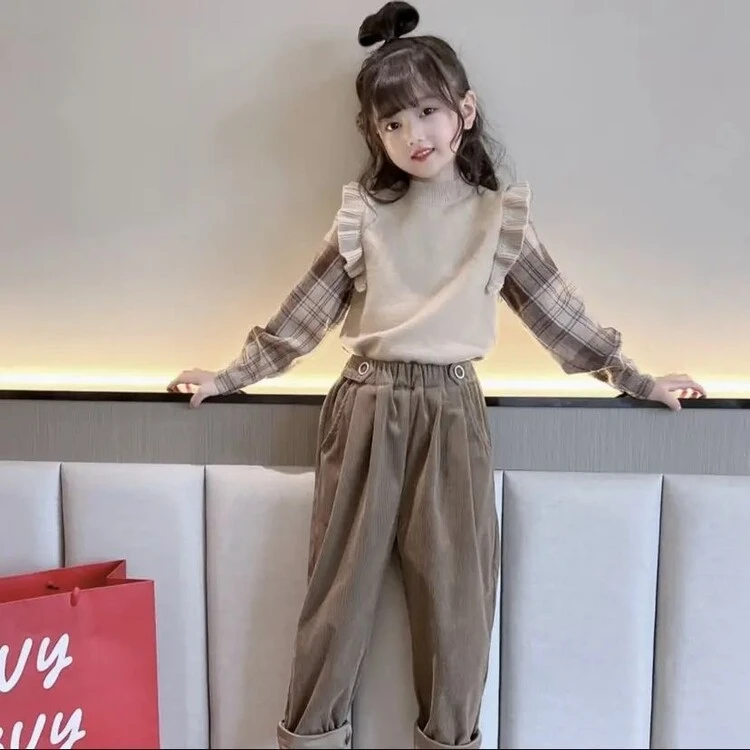 女童拼接长袖格子套装新款小女孩秋季洋气假两件毛衣长裤两件套潮