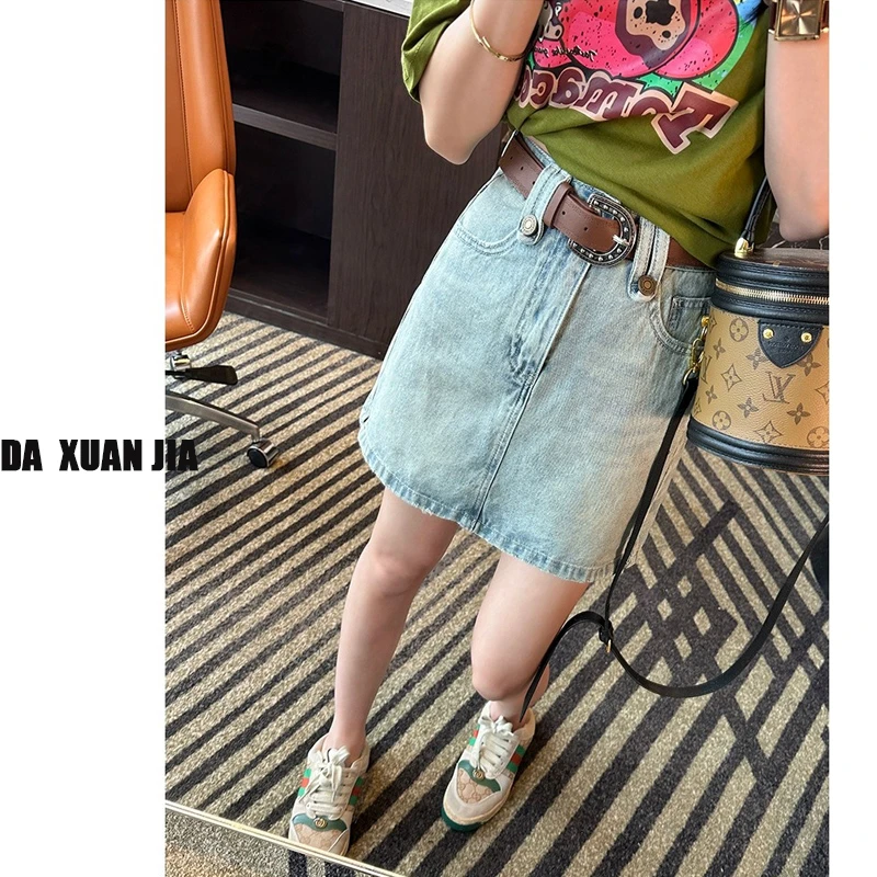 防走光牛仔短裙女春夏季新款大码显瘦半身裙洋气高腰开叉A字裙