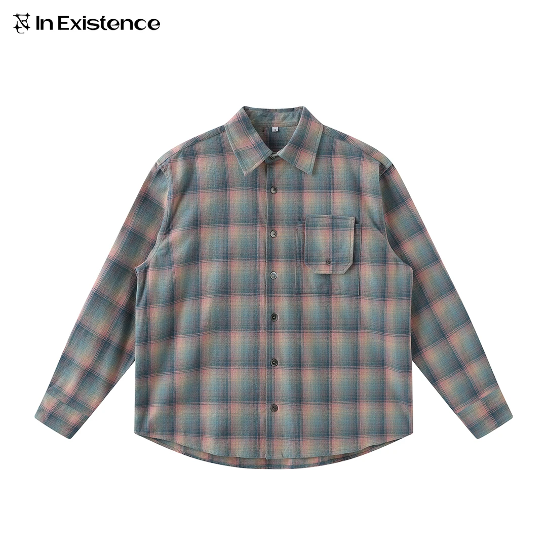 IN EXISTENCE存世24ss 定织纯棉渐变格纹衬衫宽松男女格子衬衫