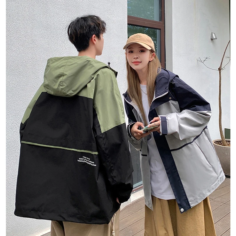 户外登山工装连帽外套男春秋季宽松百搭情侣夹克潮流拼接撞色褂子