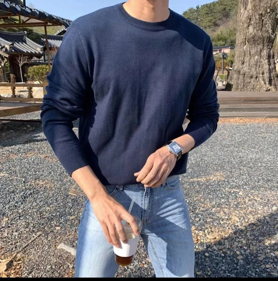 新款100%精纺羊毛衫秋冬男士圆领薄款长袖时尚休闲宽松羊毛衫男款