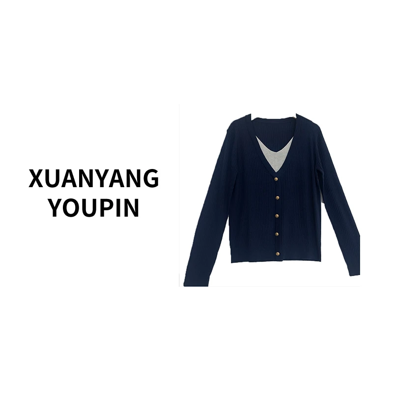 【宣扬优品】XY620秋冬新款羊毛衫女V领精纺羊毛假两件针织开衫上衣
