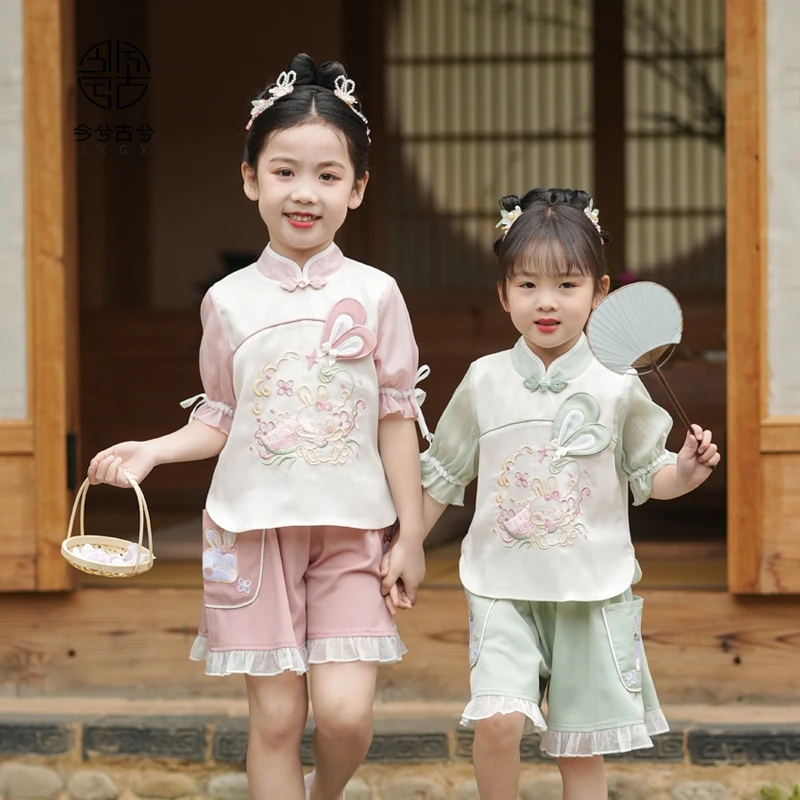 【安洛】今兮古兮夏季女童古风汉服套装儿童国风兔兔刺绣裤子古装