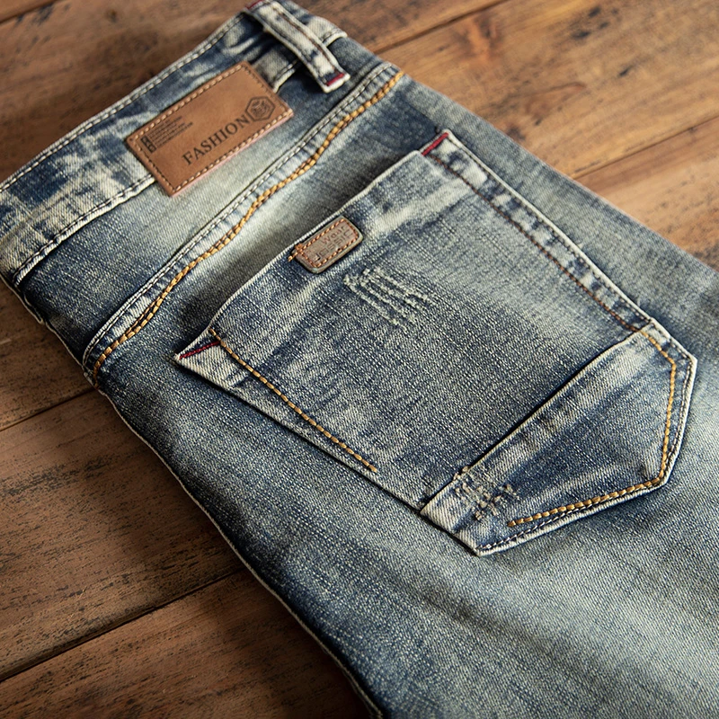 2025春季新款男士胶卷色牛仔裤男士修身小直筒复古潮牌长裤子男装