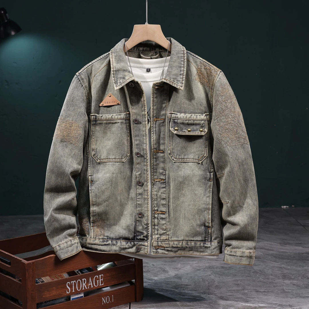 【萨雷司】复古水洗牛仔外套男士2024新款潮流工装休闲美式重磅夹克