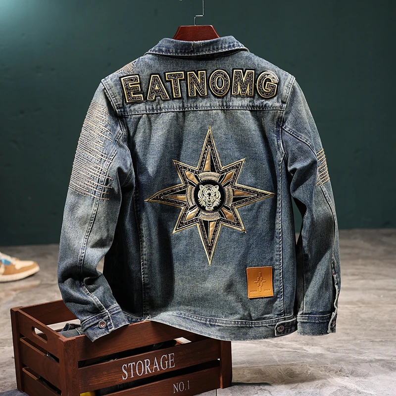 【MY】高奢机车风刺绣2024春秋季时尚男士复古牛仔外套男上衣男装
