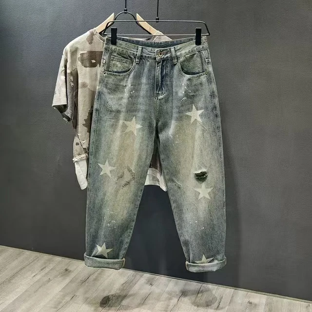 新款潮流水洗牛仔裤男士欧货直筒微弹时尚长牛仔裤KU24101