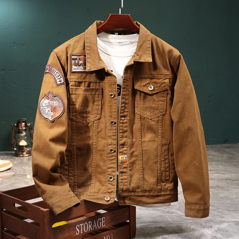 高端刺绣牛仔外套男士美式翻领春季新款休闲字母水洗潮流夹克男装