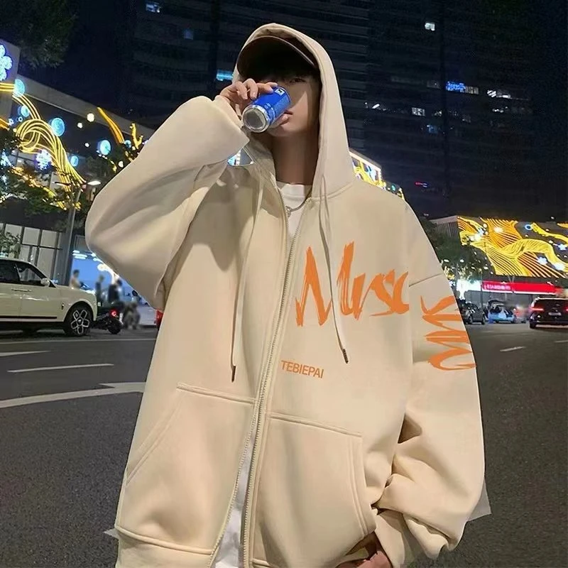 重磅连帽卫衣男冬季新款宽松加绒外套男百搭开衫潮流慵懒风情侣装