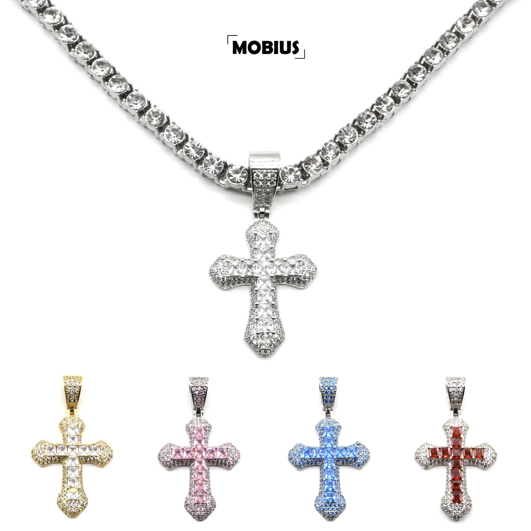 钛钢项链 满钻十字架项链男女欧美嘻哈锆石网球链情侣吊坠锁骨链