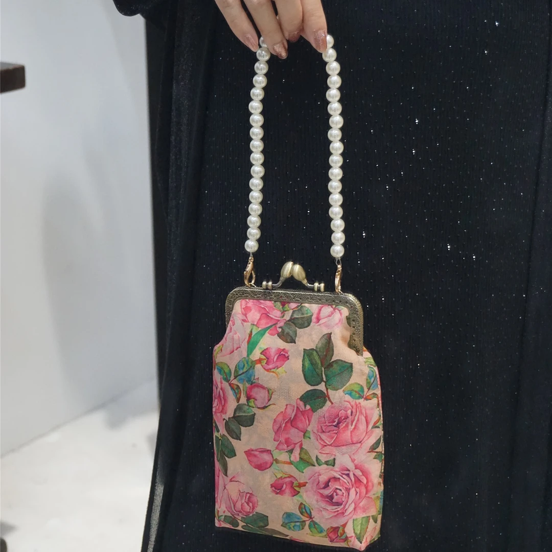 粉玫瑰复古国风新中式珍珠链条手机包旗袍汉服斜挎包