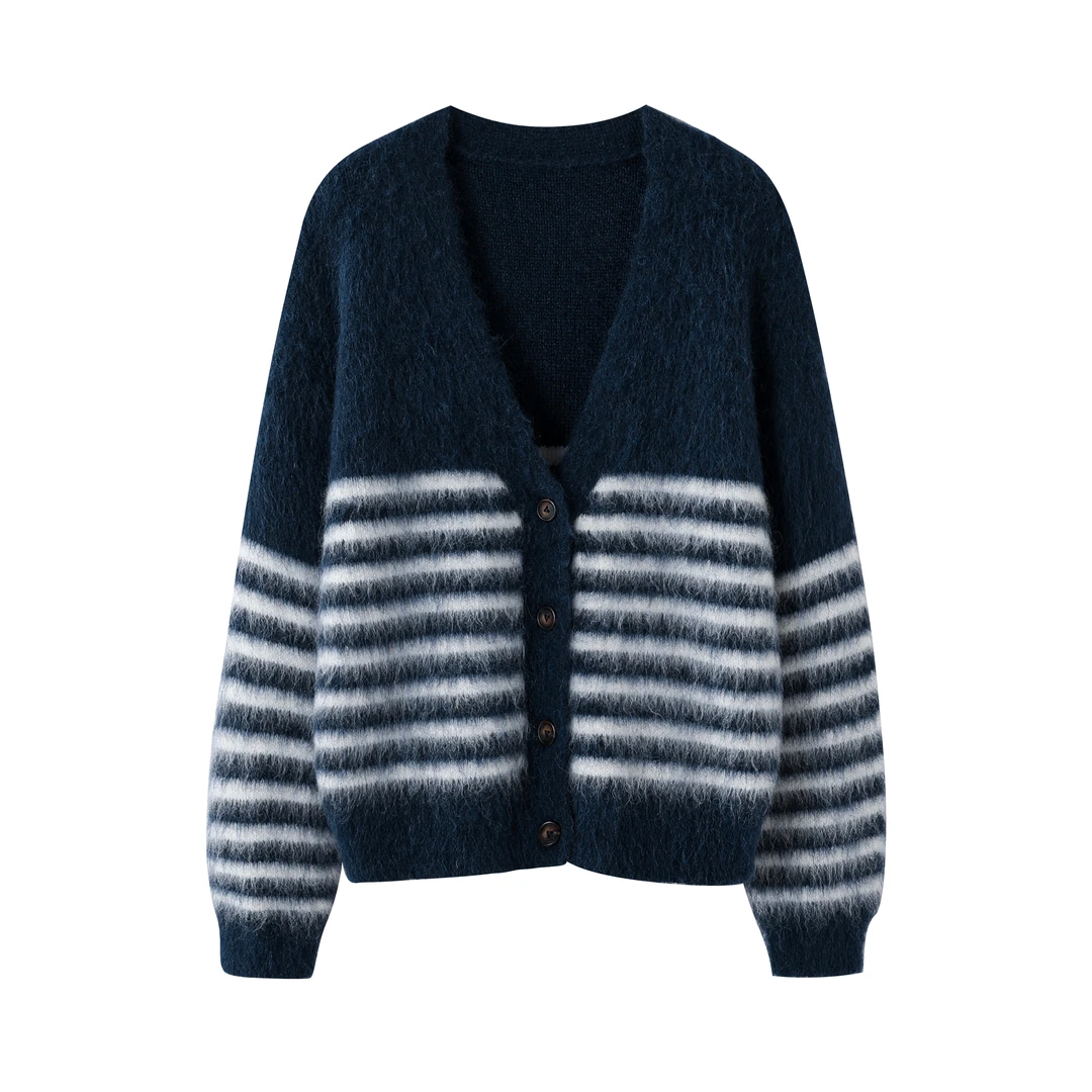 【ZISHUO】气质时尚百搭休闲经典蓝条纹V领单排扣宽松毛衣2246