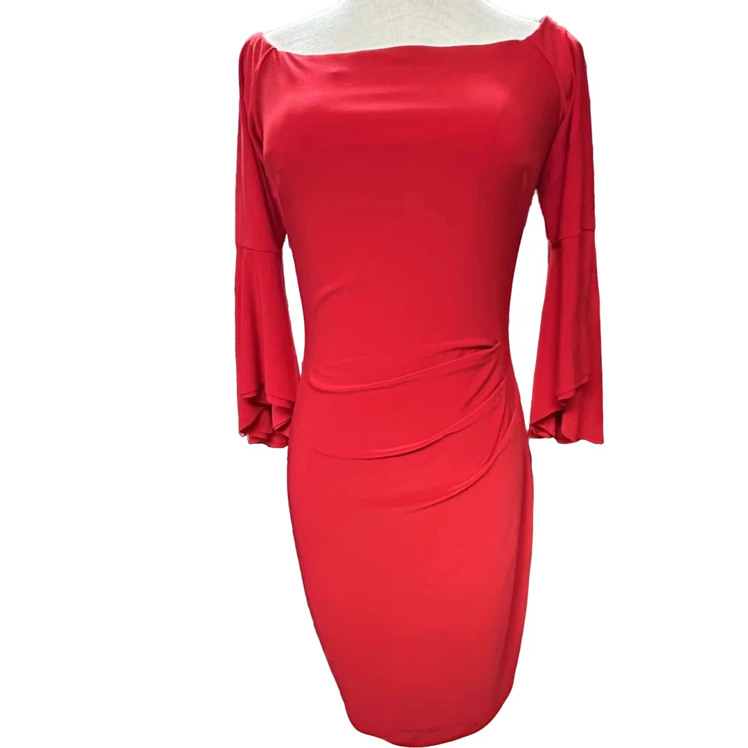 连衣裙气质长袖性感时尚露肩包臀女士修身红色女装连衣裙艺考