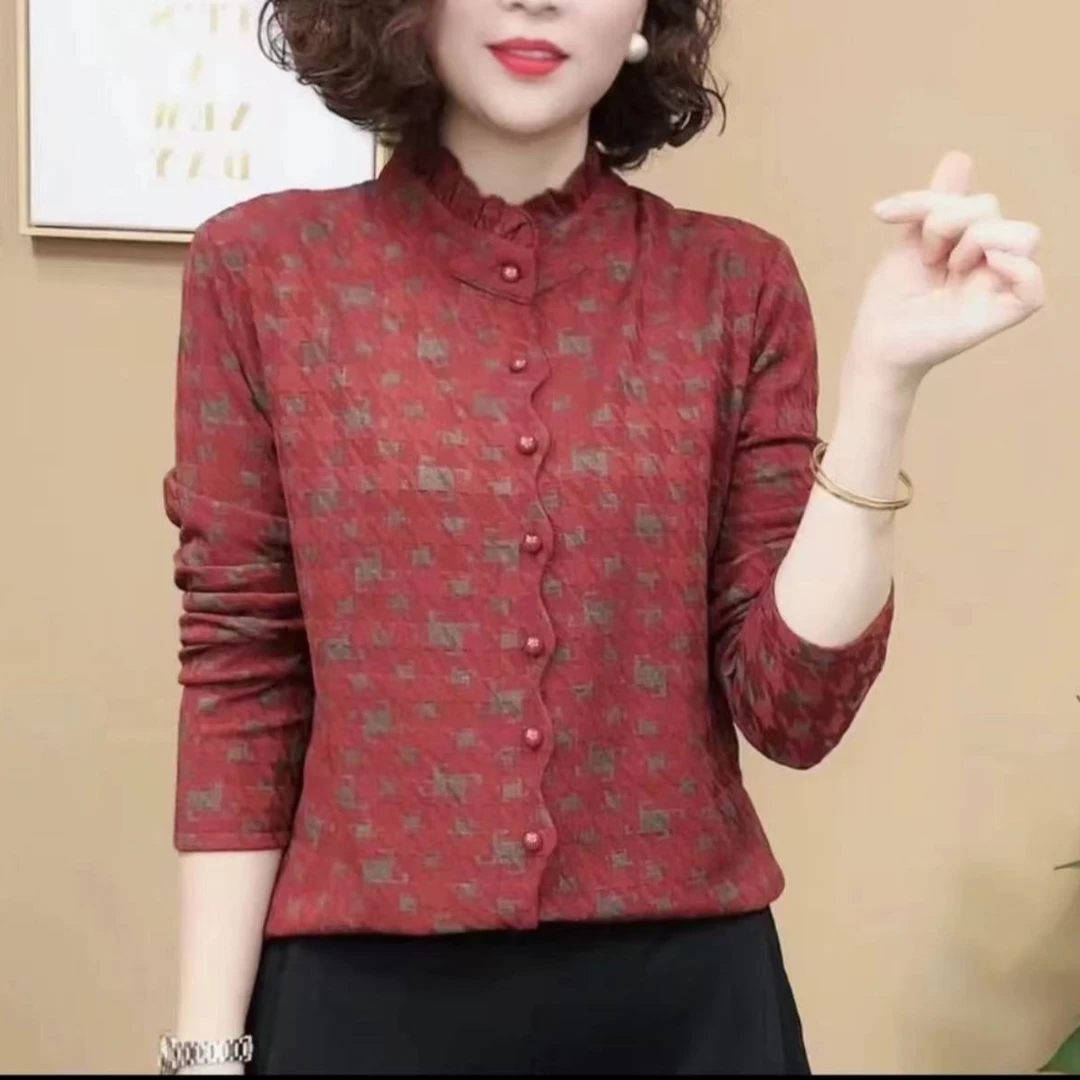 气质碎花木耳边长袖套头时尚百搭妈妈装印花上衣991