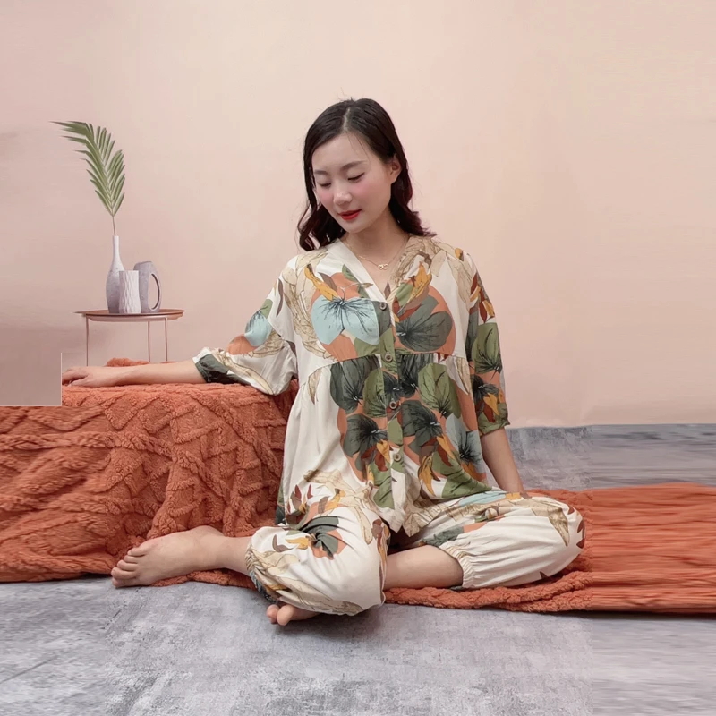 中年女士睡衣夏季棉绸家居服套装中袖空调服两件套大码宽松