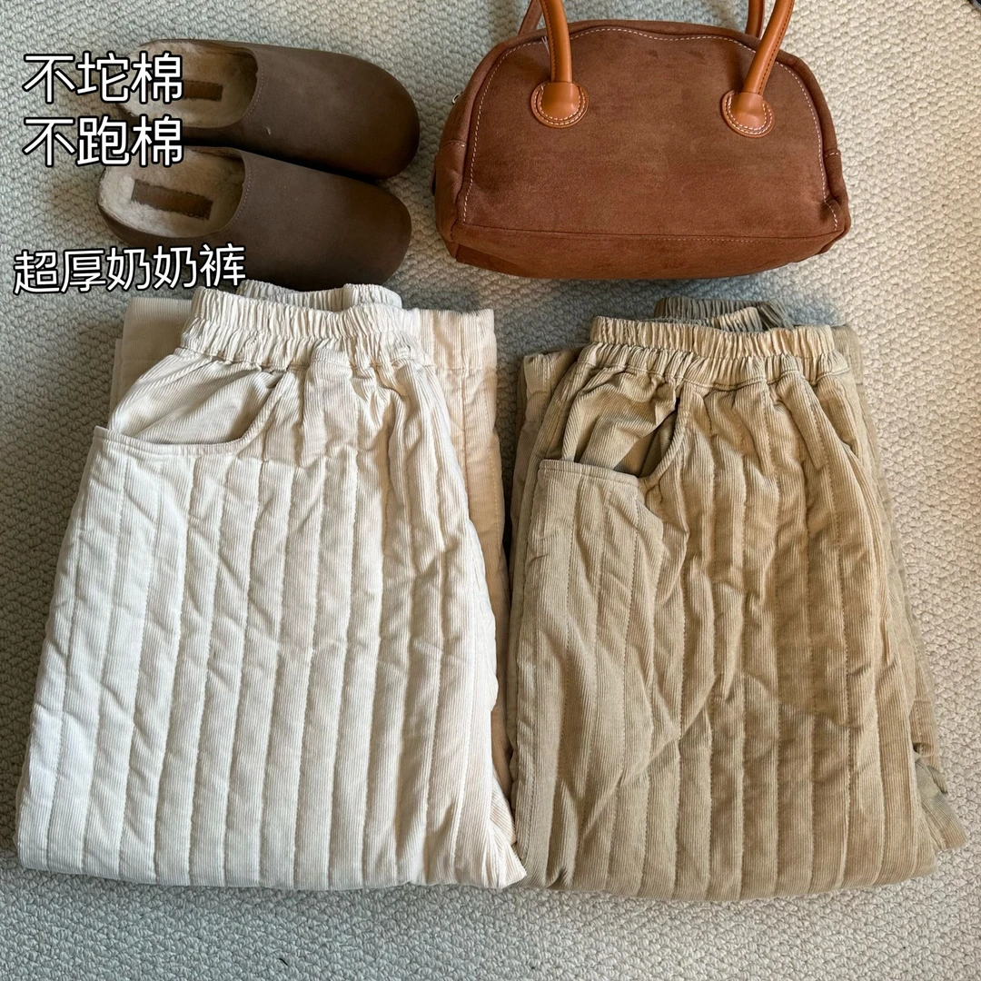 夹棉奶奶裤’高腰阔腿裤高级裤休闲裤宽松文艺条纹