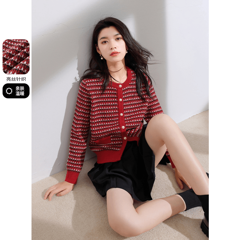 三彩大码女装2023冬季新款亮丝针织衫圆领毛衣开衫正肩显瘦胖MM