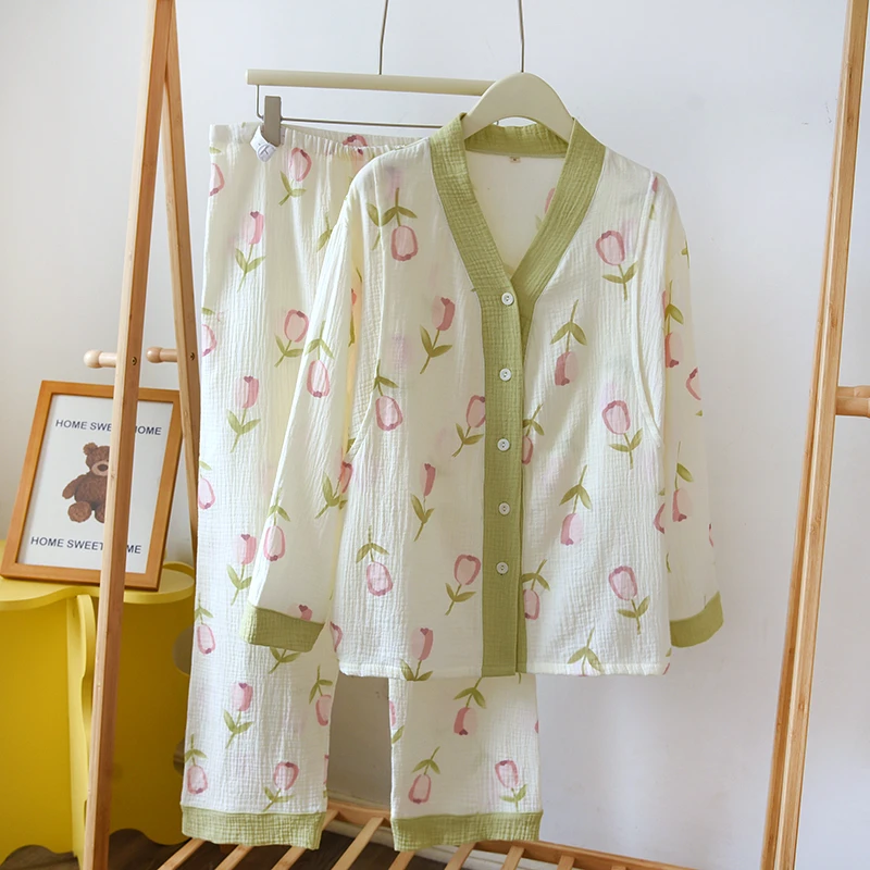 【A类】睡衣女套装大码透气泡泡纱吸汗舒适长袖印花春夏双层全棉