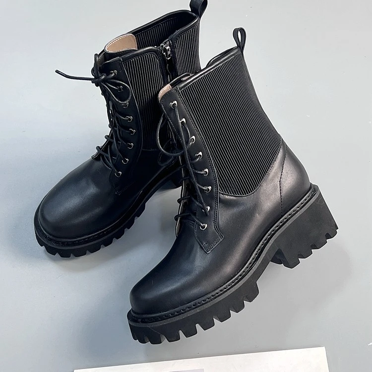 慢先森 街头英伦风厚底时装真皮圆头系带中跟显瘦骑士靴 838-7