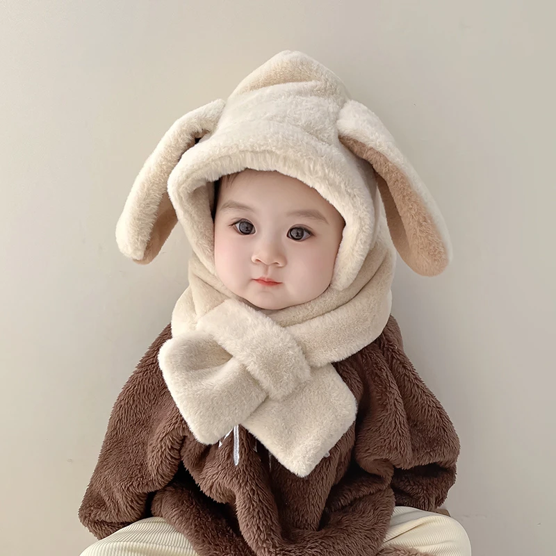 兔耳朵婴儿帽子冬款保暖毛绒帽围巾一体男女宝宝加厚婴幼儿护耳帽