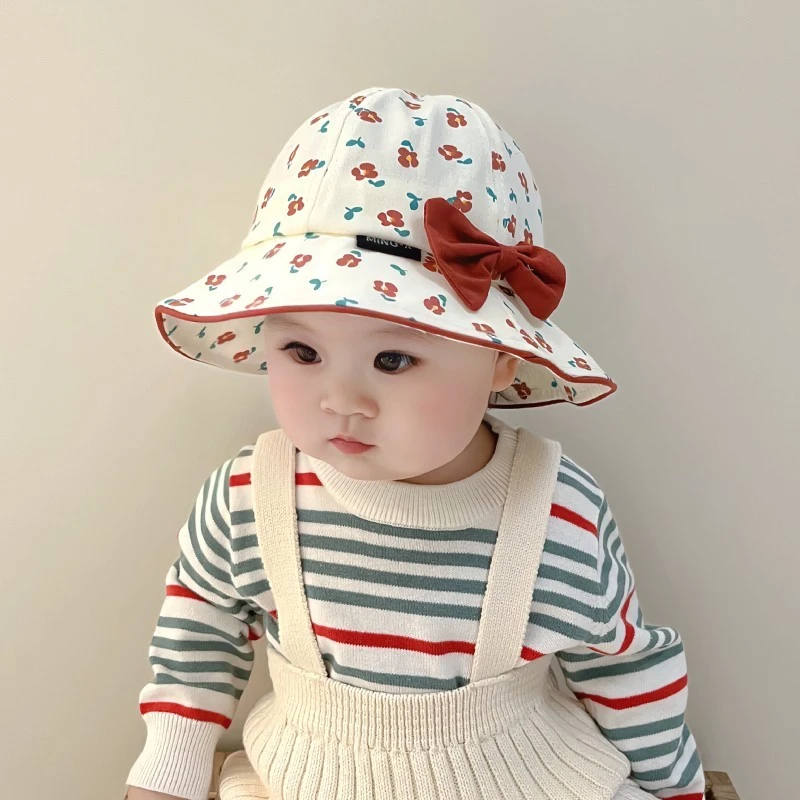 夏天婴儿帽子可爱碎花儿童防晒夏季女宝宝渔夫帽蝴蝶结公主遮阳帽