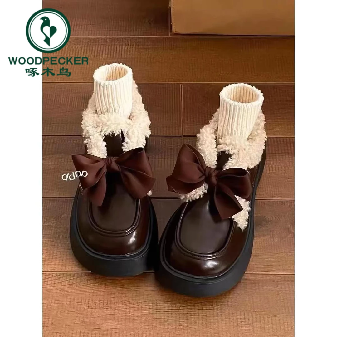 啄木鸟厚底蝴蝶结学院风小皮鞋女2024秋冬加绒乐福鞋保暖舒适单鞋