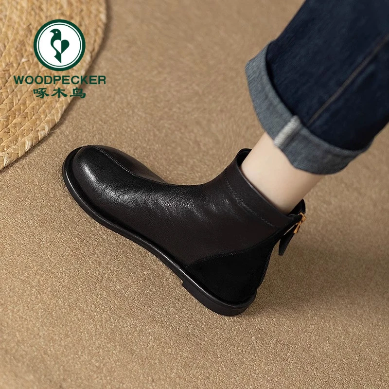 啄木鸟复古马丁靴女2025冬季新款加绒平底百搭瘦瘦靴柔软通勤短靴