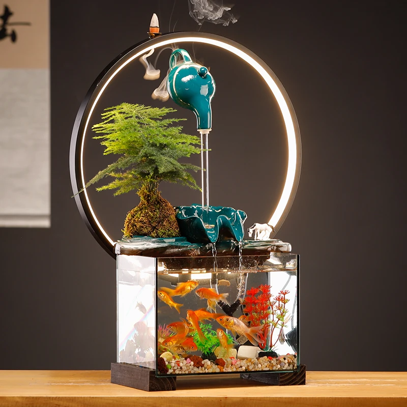 新中式创意流水生财鱼缸喷泉办公室桌面客厅装饰摆件开业乔迁礼品