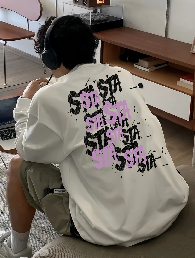 STA.MEDM联名美式高街涂鸦高级长袖内搭黑色宽松重磅男春秋季潮牌