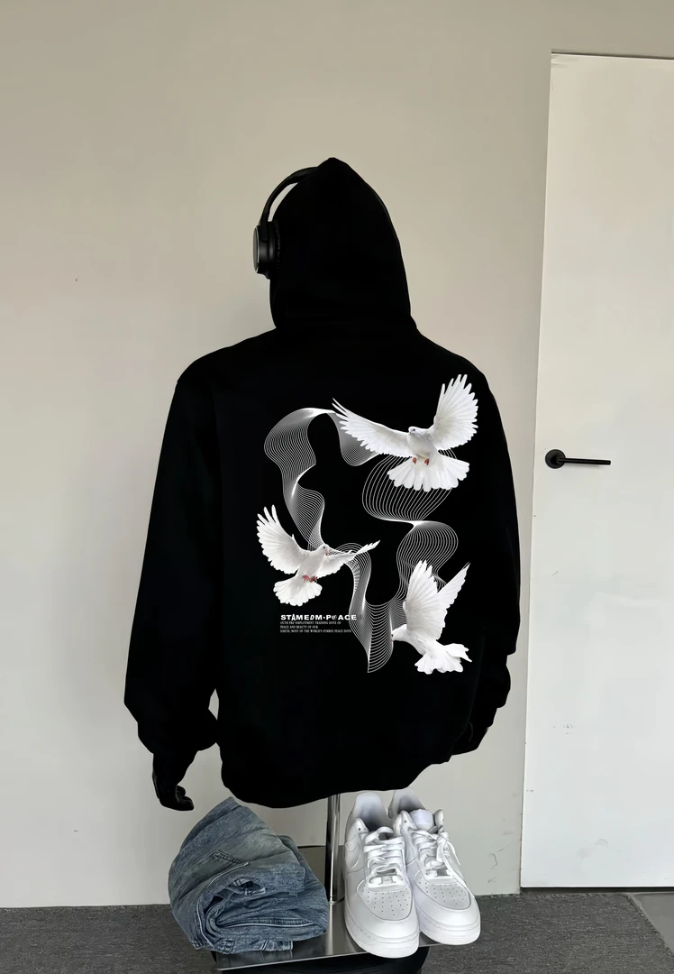 STA.MEDM联名美式鸽子印花连帽卫衣男秋冬情侣款oversize宽松上衣