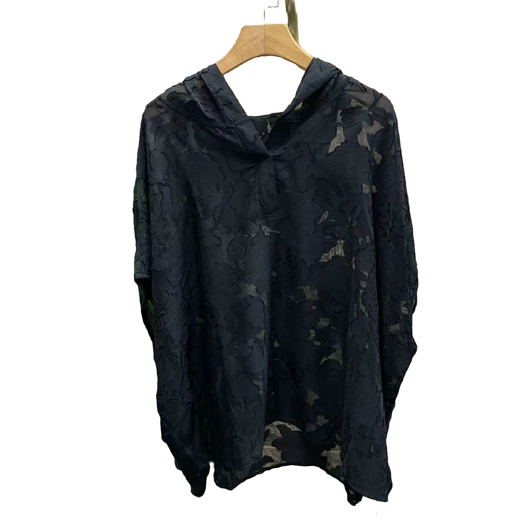 2024时尚休闲百搭夏季黑色连帽设计师蕾丝春夏宽松提花套头上衣