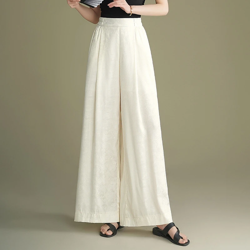 休闲提花阔腿裤女2024夏季新款高腰松紧宽松显瘦垂感薄款直筒长裤